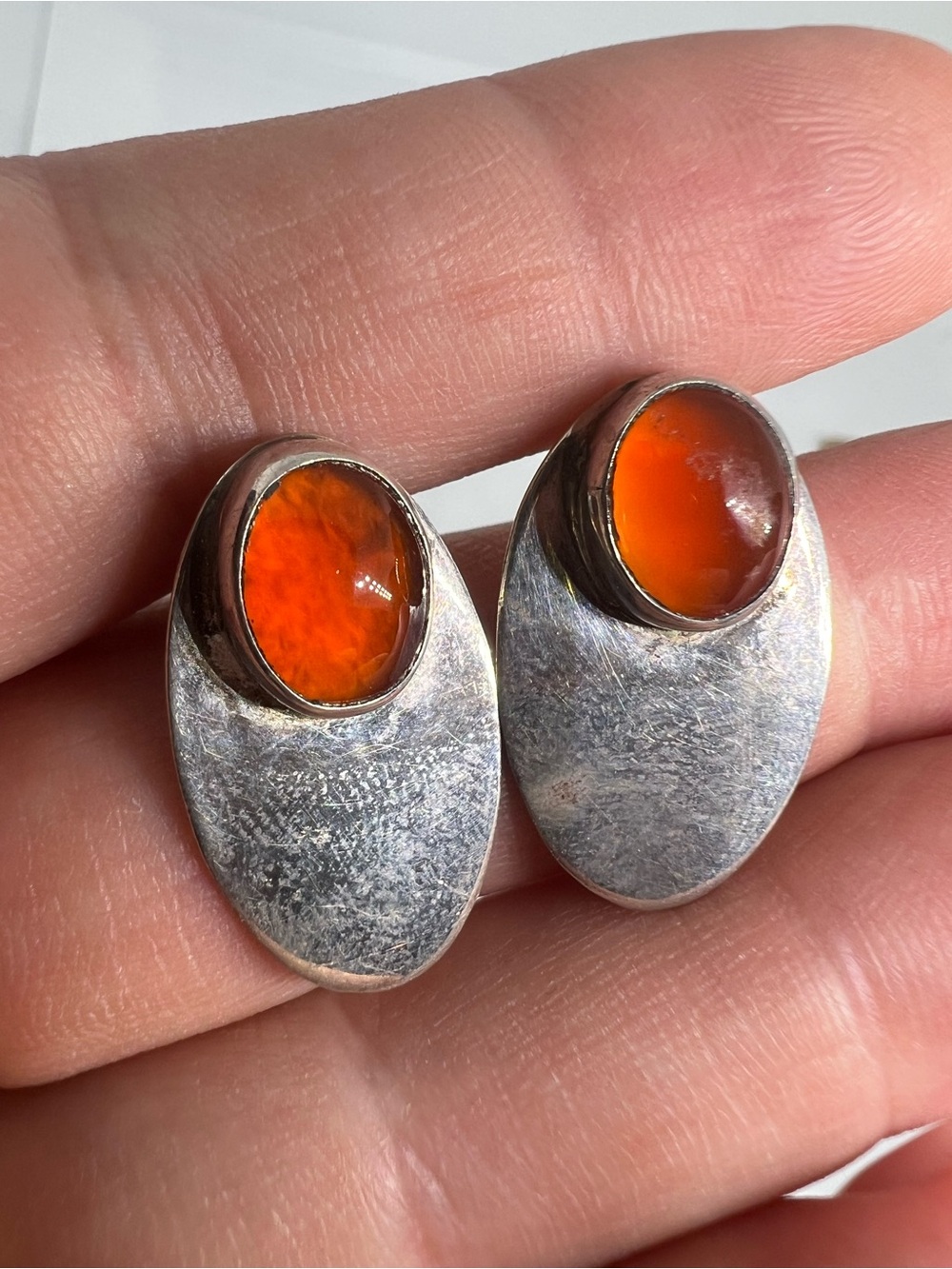 Sterling Silver Orange Carnelian Oval Stud Earrings with posts